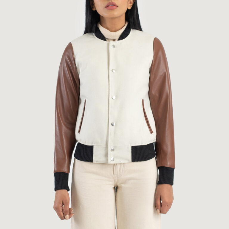 Womens Savant Brown Hybrid Varsity Jacket Close Front-5-1686936307925